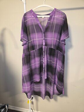 CJ Jeans Purple Plaid Tunic Top – Short Sleeve, Button Front, Flowy Fit